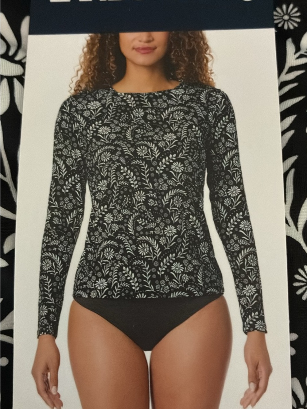 Lands' End Black and White Floral-Print Long-Sleeve Swim Tee